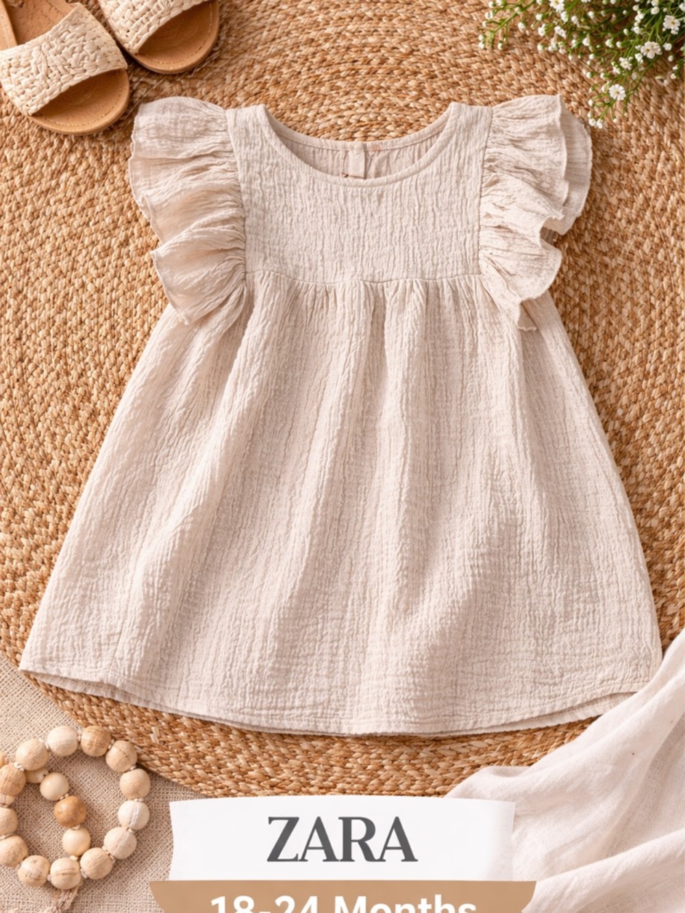 Zara Cream Textured Ruffle-Sleeve Dress